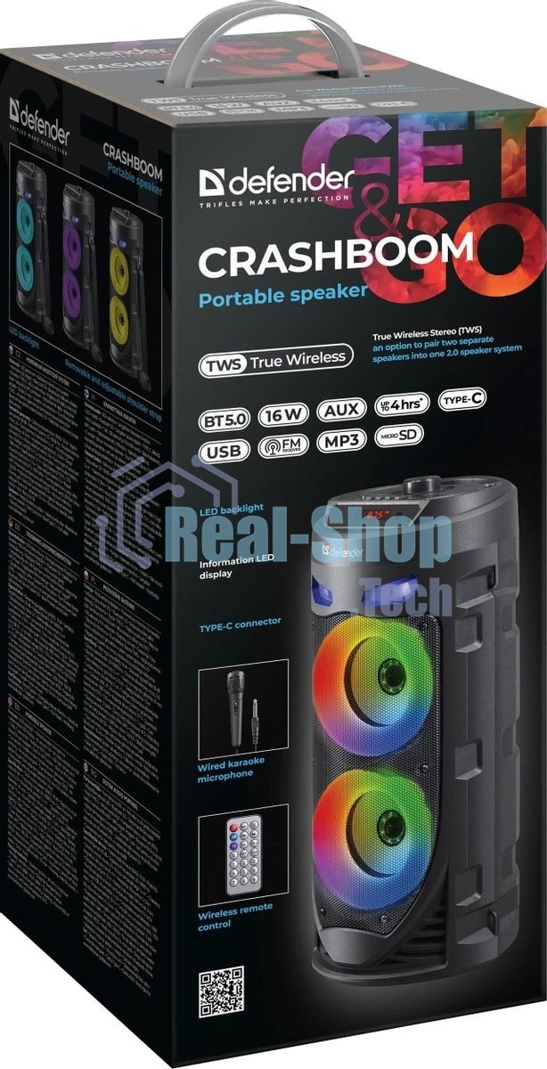 Портативная колонка Defender 16W черный CRASHBOOM