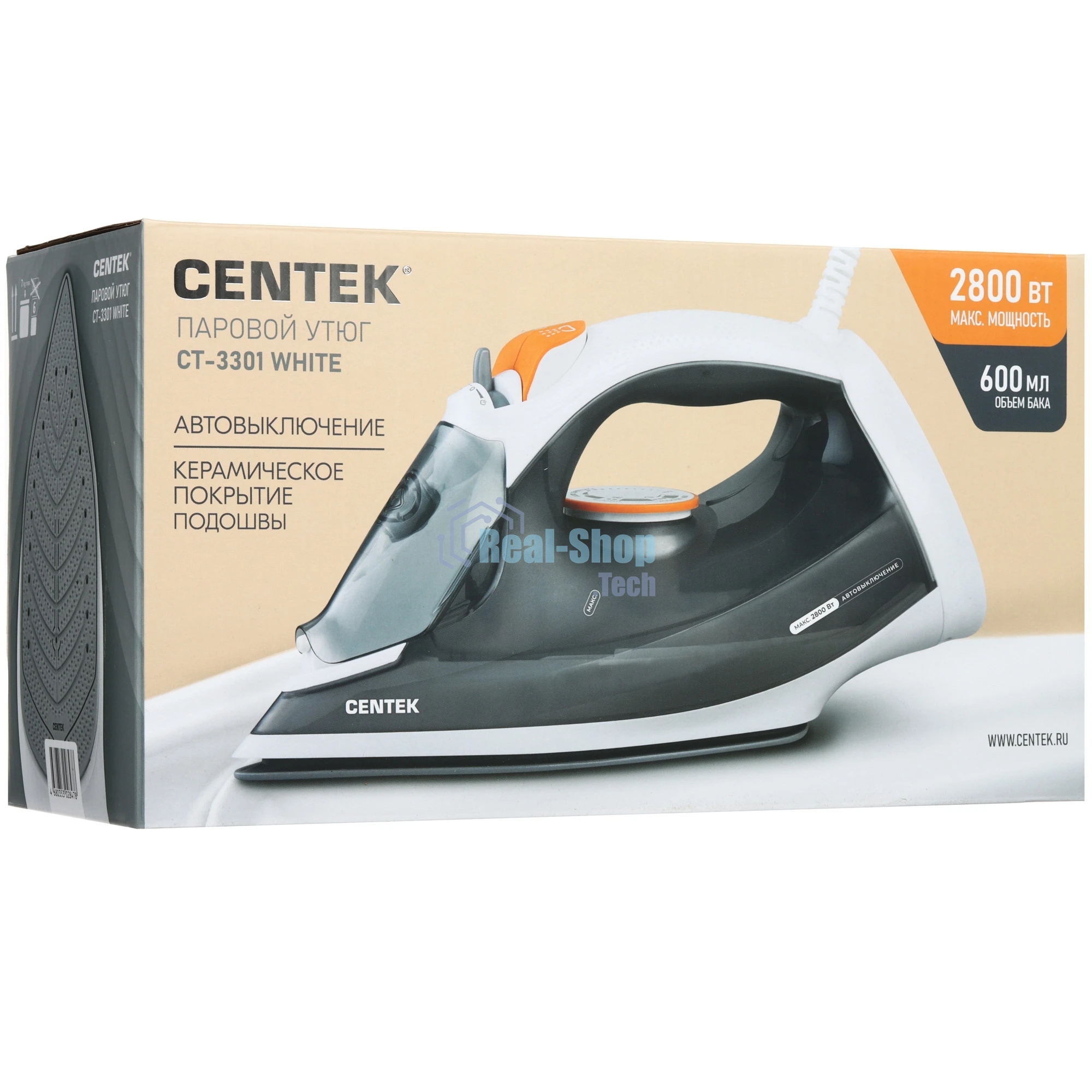Утюг Centek CT-3301 белый/серый, 2800 Вт, 50 г/мин, 190 г/мин, 600 мл