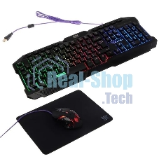 Игровой комплект Qumo Mystic K58/M76, кл-ра проводная 104 + 10 клавиш мультимедиа, встроенные подсветки общая + кнопок 3 цвета, мышь проводная, оптическая, 1200/1600/2400/3200 dpi с подсветкой, коврик