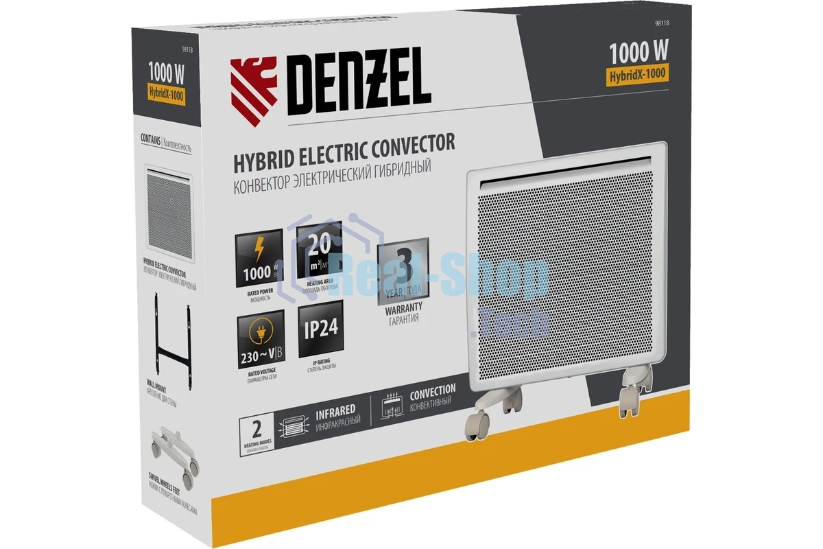 Конвектор гибридный Denzel HybridX-1000 белый, 1000 Вт, 20 м2, термостат, дисплей