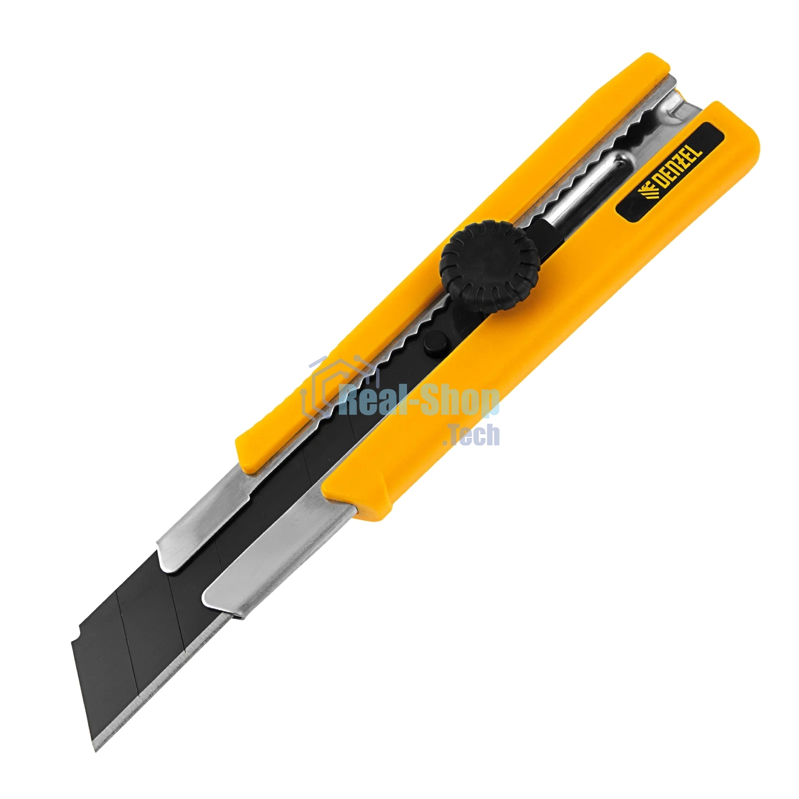 Нож Denzel 25 мм, сменное лезвие, SK4, корпус из TPR, метал. направляющая, винтовой фиксатор