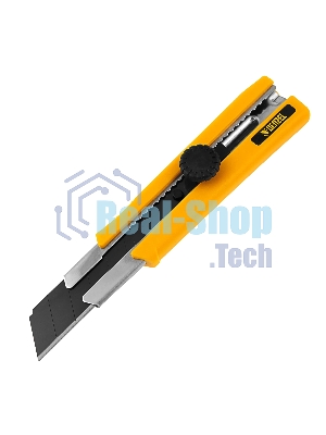 Нож Denzel 25 мм, сменное лезвие, SK4, корпус из TPR, метал. направляющая, винтовой фиксатор