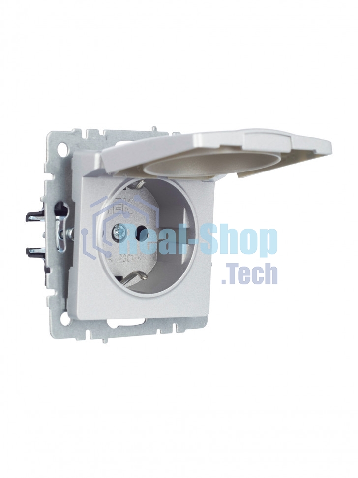 Розетка 1-местная IEK BRITE РСбш10-3-БрА (BR-R16-16-K47) с заземлением, с защитными шторками и крышкой, 16А IP20, алюминий