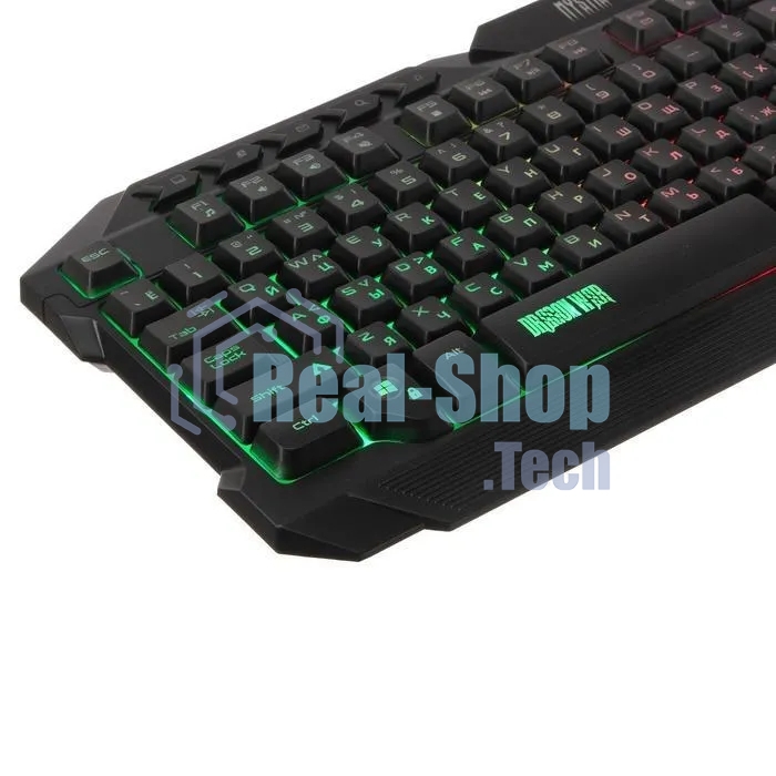 Игровой комплект Qumo Mystic K58/M76, кл-ра проводная 104 + 10 клавиш мультимедиа, встроенные подсветки общая + кнопок 3 цвета, мышь проводная, оптическая, 1200/1600/2400/3200 dpi с подсветкой, коврик