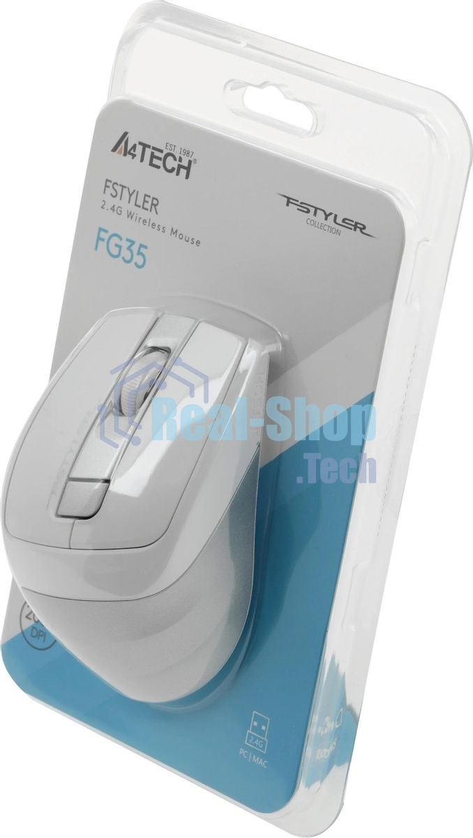 Мышь беспроводная A4Tech Fstyler FG35 серебристый/белый, 2000 dpi, радиоканал, USB, кнопки - 6