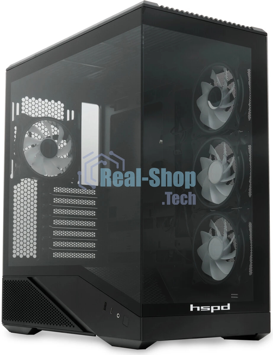 Компьютерный корпус без блока питания HSPD F711-TGbK-ARGB, Panoramic Full Tower, черный, TG, 0.7 SPCC, 4x120мм ARGB ATX, mATX, mITX 190/420/280мм 2x2.5