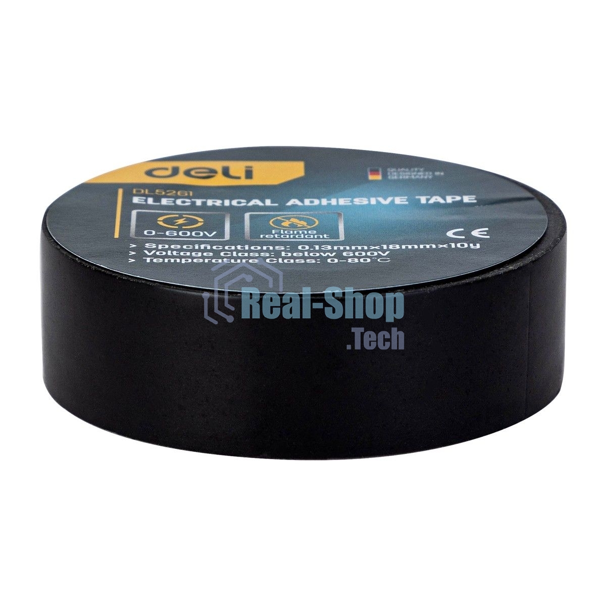 Изолента Deli DL5261 0,13 мм х 18 мм х 10 м Уровень напряжения: менее 600 В. Температурный рейтинг: 0-80. ПВХ.