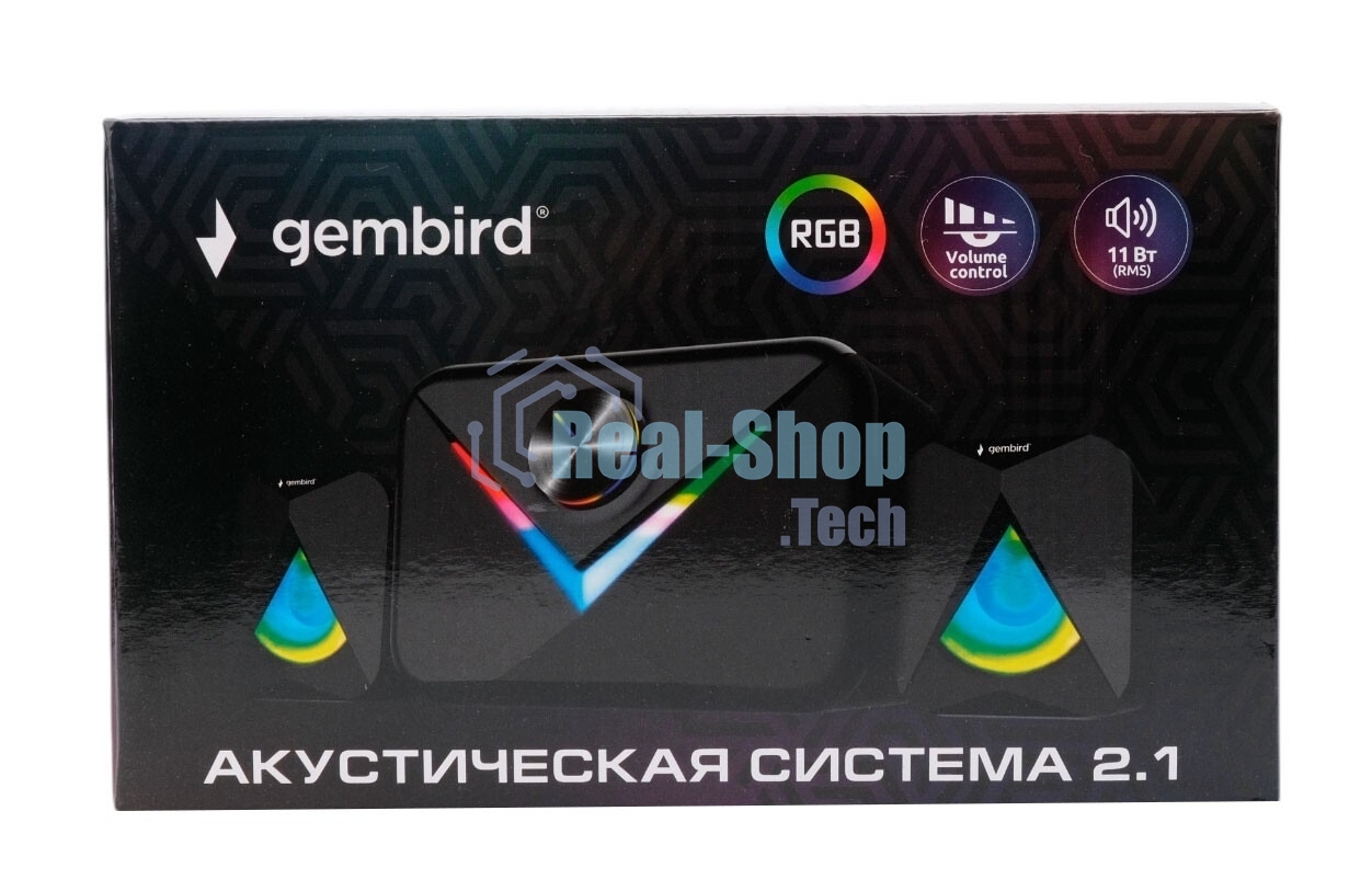 Акустическая система 2.1 Gembird, 11Вт, пластик, рег.громкости, RGB подсветка, черный