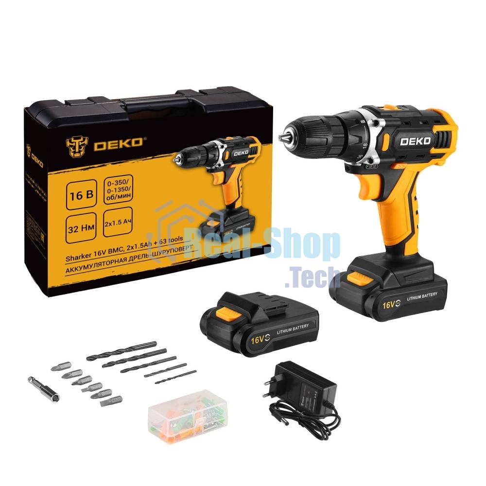 Дрель-шуруповерт аккумуляторная Deko Sharker 16V в кейсе + набор 63 инструмента для дома, 16В, 2х1.5Ач