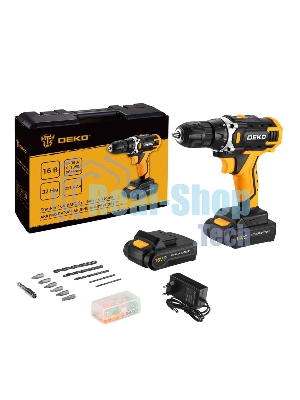 Дрель-шуруповерт аккумуляторная Deko Sharker 16V в кейсе + набор 63 инструмента для дома, 16В, 2х1.5Ач