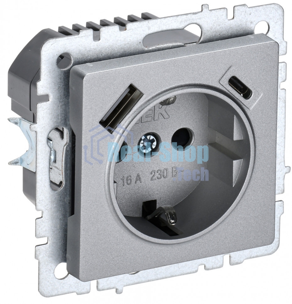 Розетка 1-местная IEK BRITE РЮш11-1-БрА (BR-R14-16-U22-018-K47) с заземлением, с защитными шторками, 16А, с USB A+C 18 Вт, алюминий