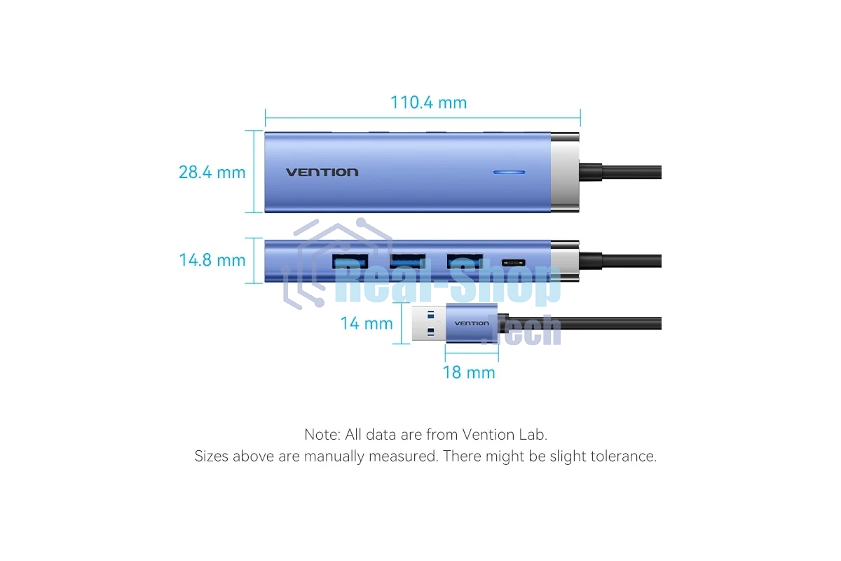Сетевой адаптер Vention USB 3.0 M/Gigabit Ethernet RJ45+OTG хаб 3xUSB Синий - 0.15м.