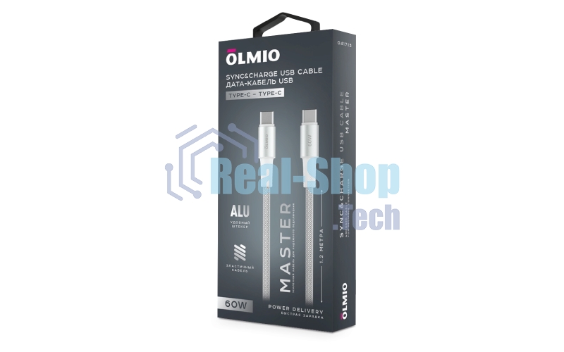 Кабель OLMIO MASTER, Type-C - Type-C, 60W 3A, 1.2м, тканевая оплетка, белый