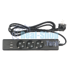 Бытовой удлинитель PowerCube, 3 р с/з вык.,3USB, 3500 Вт, 16А, 1.9 м, 3x1,0 черный PC-6B-2M