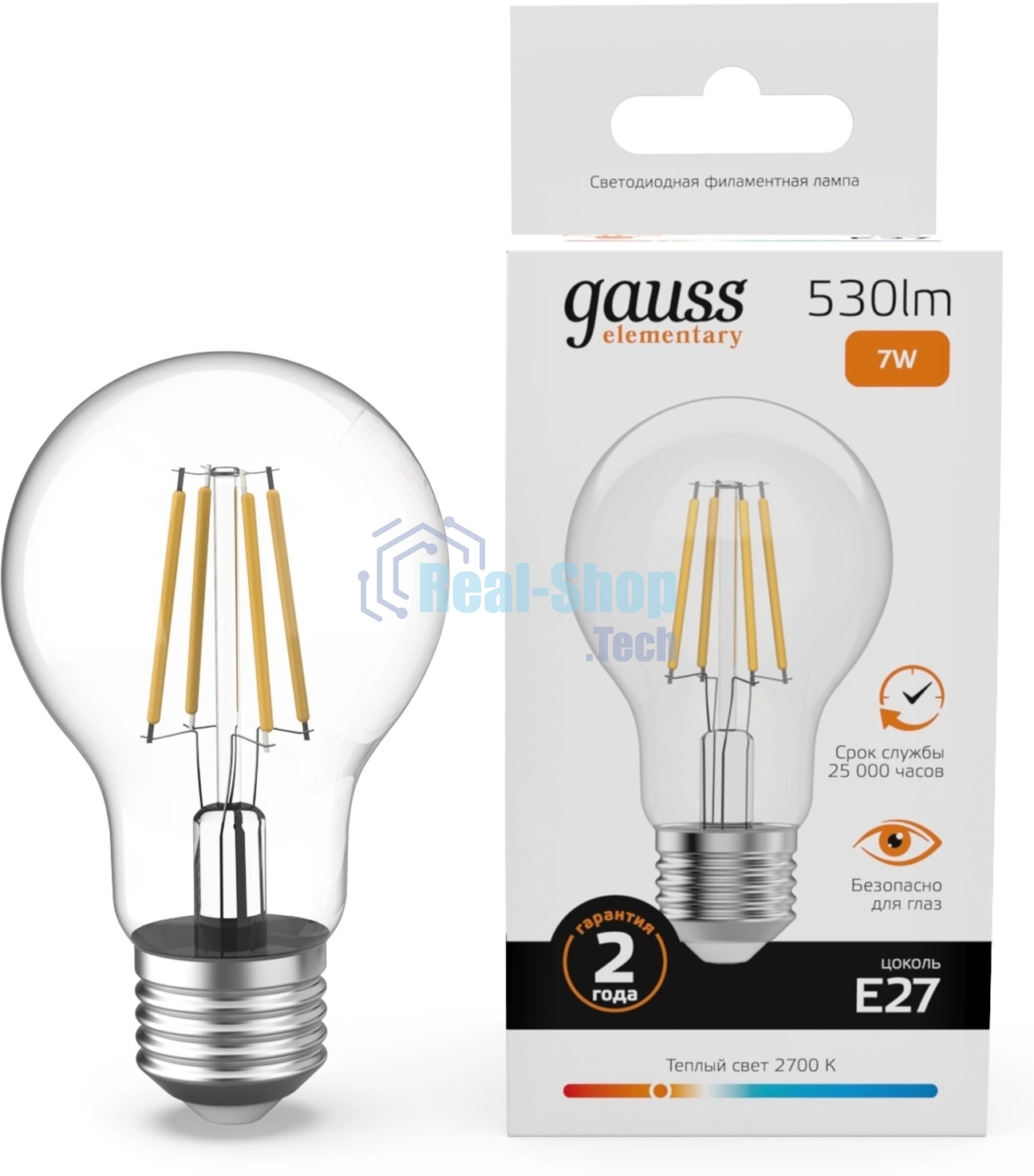 Лампа светодиодная филаментная Gauss Filament 7Вт цок.: E27 груша св. свеч. бел. теп. (упак.: 10 шт)