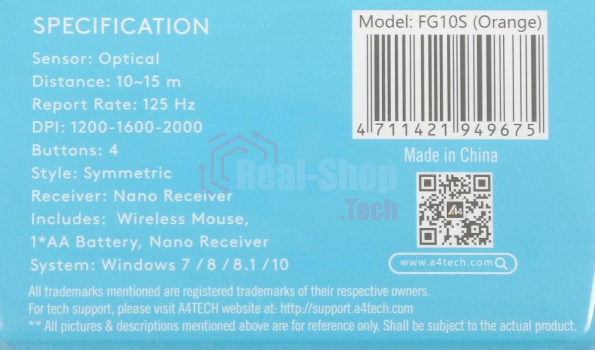 Мышь беспроводная A4Tech Fstyler FG10S черный/оранжевый, 2000 dpi, радиоканал, USB, кнопки - 4