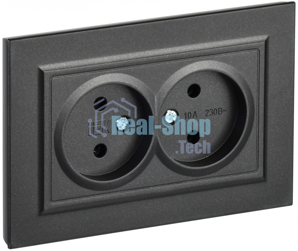 Розетка 2-местная IEK BRITE РС12-2-БрЧ (BR-R20-10-K02-F) 10А, в сборе, без заземления без защитных шторок, черный