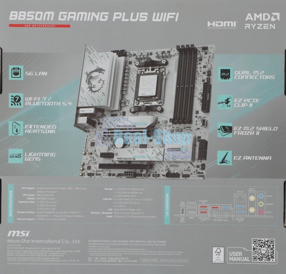 Материнская плата MSI B850M GAMING PLUS WIFI, AM5, AMD B850, 4xDDR5, 4xSATA, 2xM.2, 1xPCIe 5.0 x16, 1xPCIe 4.0 x4, 1xPCIe 3.0 x1, 1xDP, 1xHDMI, 1x5Gb LAN, Wi-Fi 7, Bluetooth 5.4, 3xUSB-C 10Gbps, 3xUSB-A 10Gbps, 3xUSB-A 5Gbps, 3x3.5 мм, 7.1, mATX