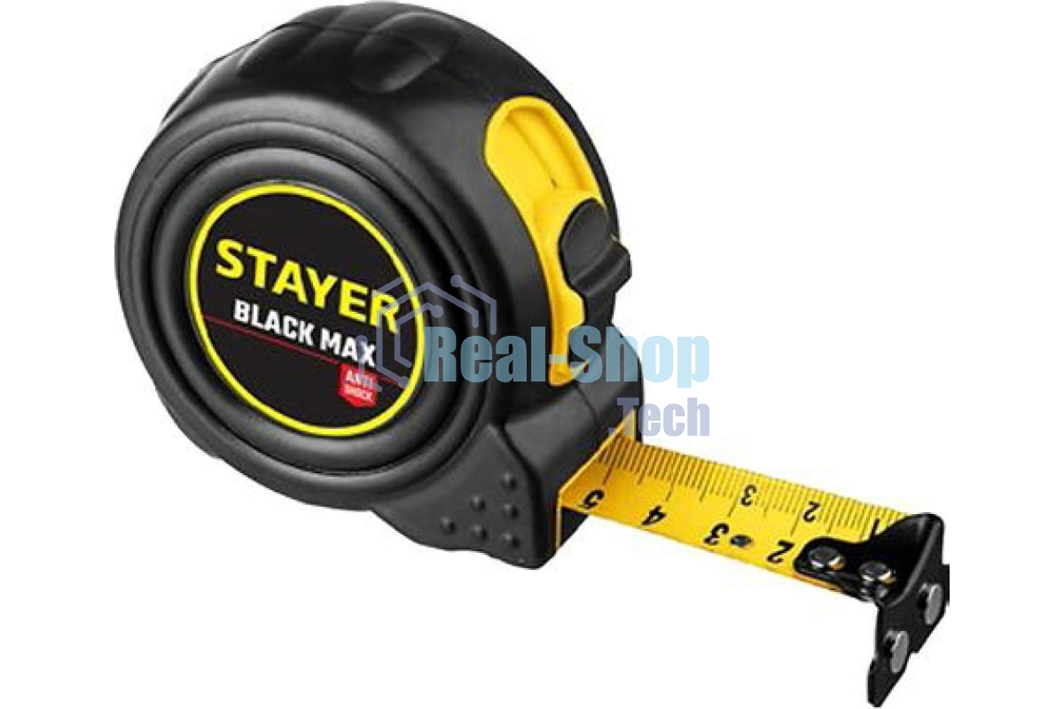 Рулетка STAYER BlackMax 10м/25мм в ударостойком полностью обрезиненном корпусе и двумя фиксаторами