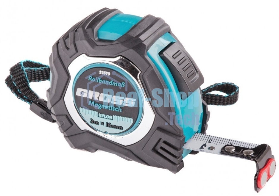 Рулетка Gross Magnetisch, 3 м х 16мм, обрезин. корпус, автоматич. фиксация, нейлон. покр., магн. зацеп