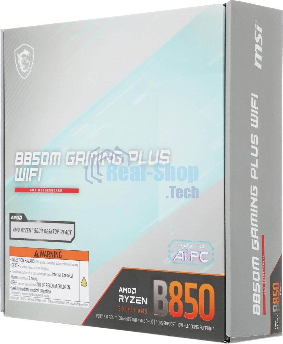 Материнская плата MSI B850M GAMING PLUS WIFI, AM5, AMD B850, 4xDDR5, 4xSATA, 2xM.2, 1xPCIe 5.0 x16, 1xPCIe 4.0 x4, 1xPCIe 3.0 x1, 1xDP, 1xHDMI, 1x5Gb LAN, Wi-Fi 7, Bluetooth 5.4, 3xUSB-C 10Gbps, 3xUSB-A 10Gbps, 3xUSB-A 5Gbps, 3x3.5 мм, 7.1, mATX