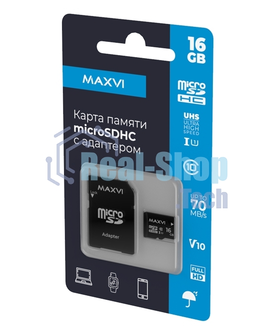 Флеш карта Maxvi microSDHC 16Gb, class 10, UHS-I (1), V10 (MSD16GbC10V10)