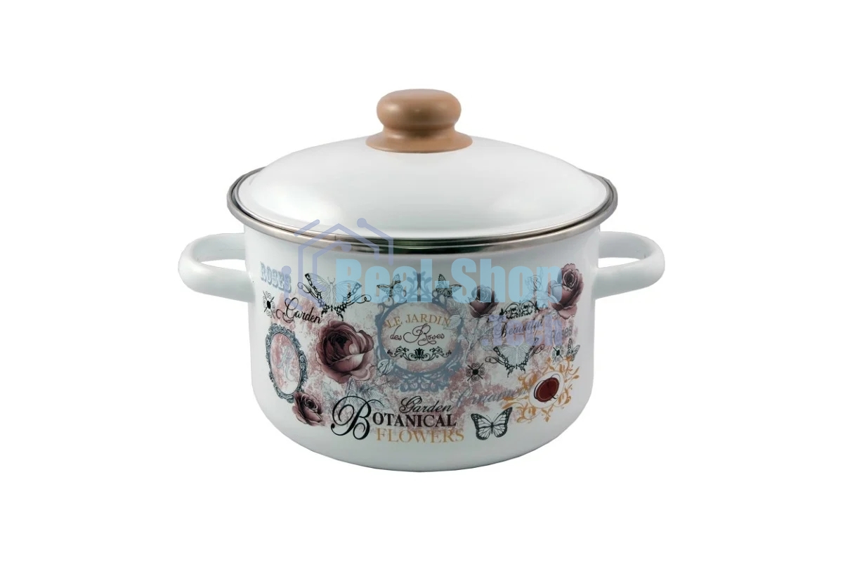 Кастрюля Appetite 1RD221М Roses с крышкой, эмалированная сталь, цилиндрическая 5,5 л