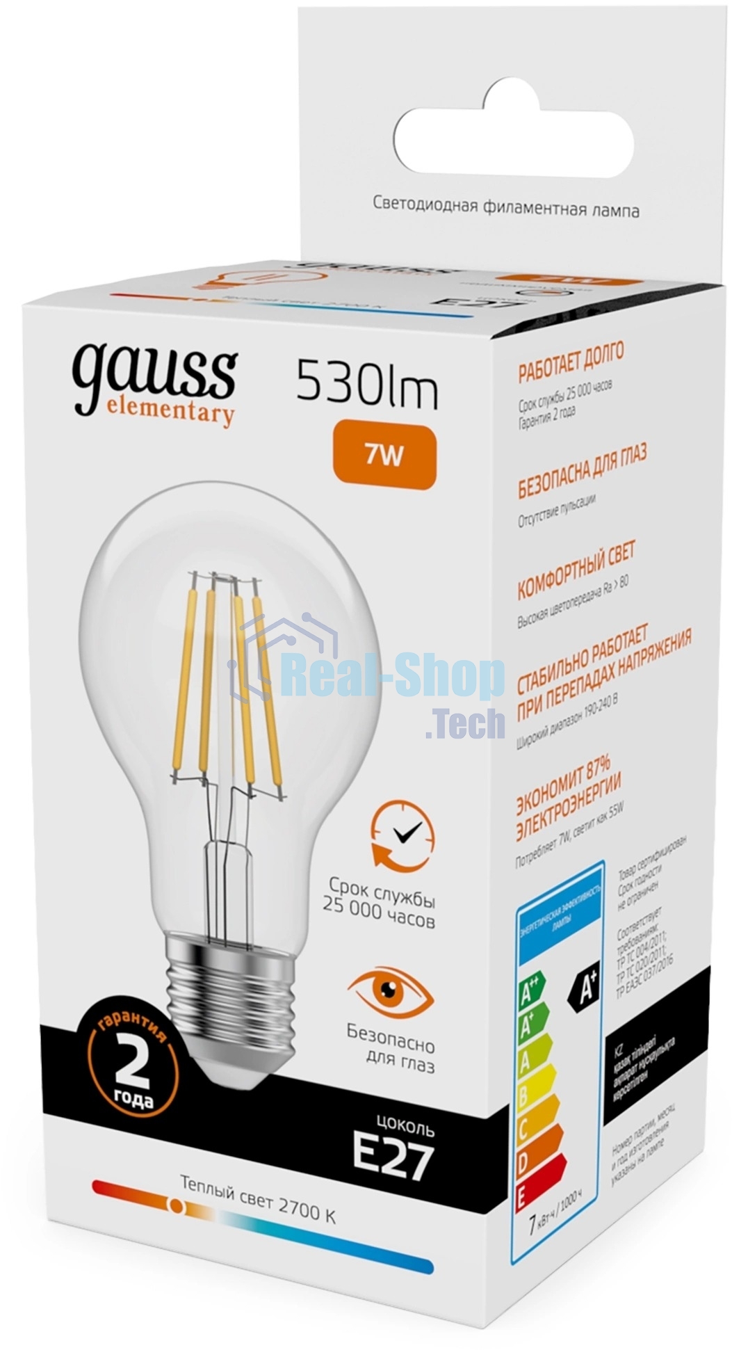 Лампа светодиодная филаментная Gauss Filament 7Вт цок.: E27 груша св. свеч. бел. теп. (упак.: 10 шт)