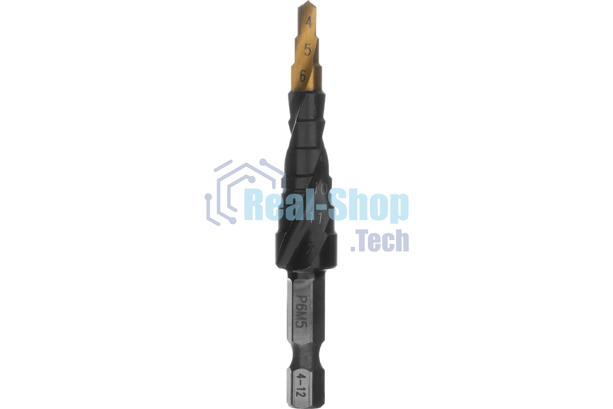 Сверло ступенчатое Denzel 4-5-6-7-8-9-10-11-12 мм, Р6М5, 6-гр. хвостовик 723602