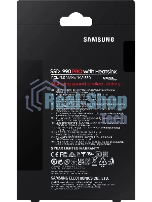 Накопитель SSD Samsung 990 PRO, 2000Gb, PCIe 4.0 x4, M.2 2280, NVMe, R/W 7450/6900, с радиатором