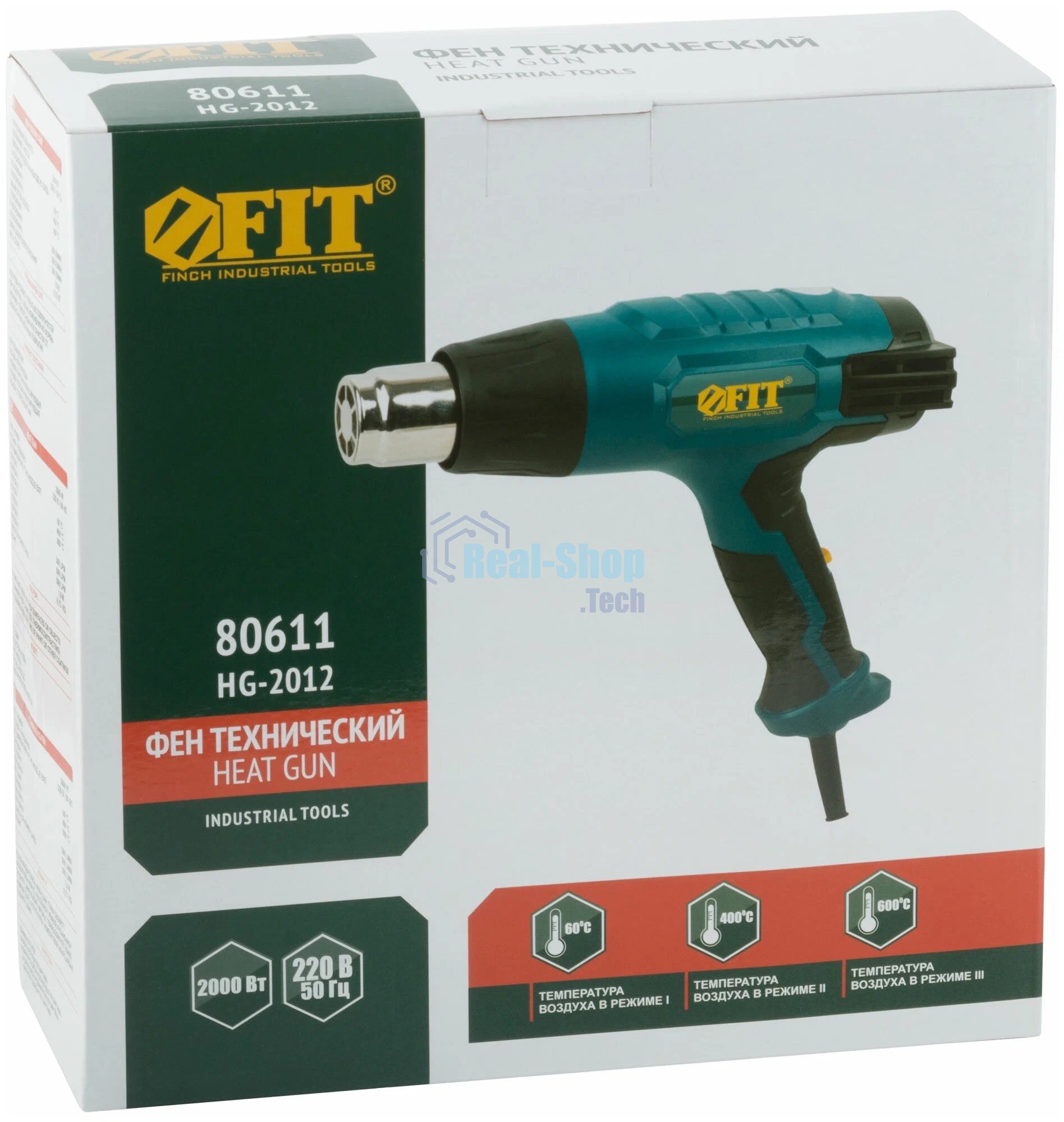 Фен технический FIT 80611 2000 Вт; 60/400/600 °C; 300/500/500 л/мин; рез. накл.; короб.