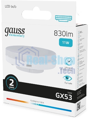 Лампа светодиодная Gauss Elementary 11Вт цок.: GX53 таблетка 220B св. свеч. бел. нейт. Tablet (упак.: 10 шт)