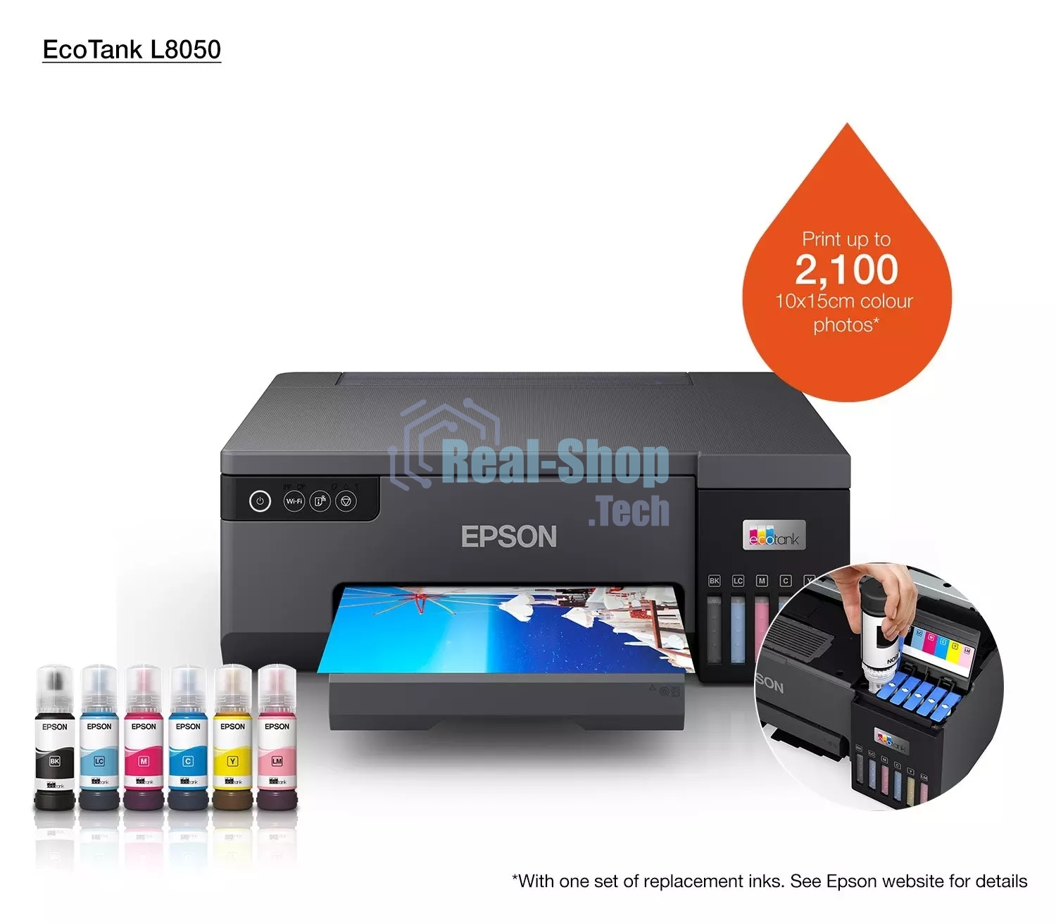 Принтер струйный Epson L8050 (C11CK37405/C11CK37402/C11CK37504/C11CK37507/C11CK37506), A4, цветное, печ. до 8 стр/мин., 1440 x 5760 dpi, USB, Wi-Fi