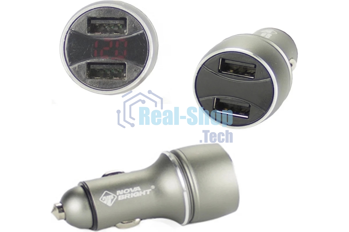 Сетевое зарядное устройство NOVA BRIGHT для моб.устройств, 2 USB-порта, 2100мА + цифровой LED вольтметр, 12/24В 46898
