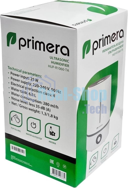 Увлажнитель воздуха Primera HUP-R1060-TA белый, 20 м², 6 л, ультразвуковой, производительность 280 мл/ч, ароматизация, регулировка направления пара, механическое управление