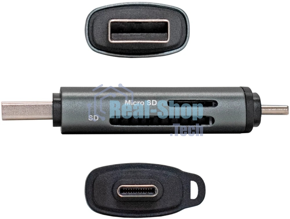 Кард-ридер ExeGate CR-201CA/серый/SDXC/SDHC/SD/microSDXC/microSDHC/microSD/USB Type-A/Type-C/алюминий