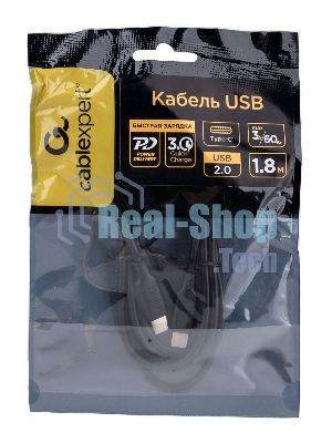 Кабель USB2.0 Cablexpert CC-USB2-CMCM-60-1.8M, Type-C/Type-C, 3A, 60Вт, PD/QC3.0, медь, 1.8м, черный, пакет