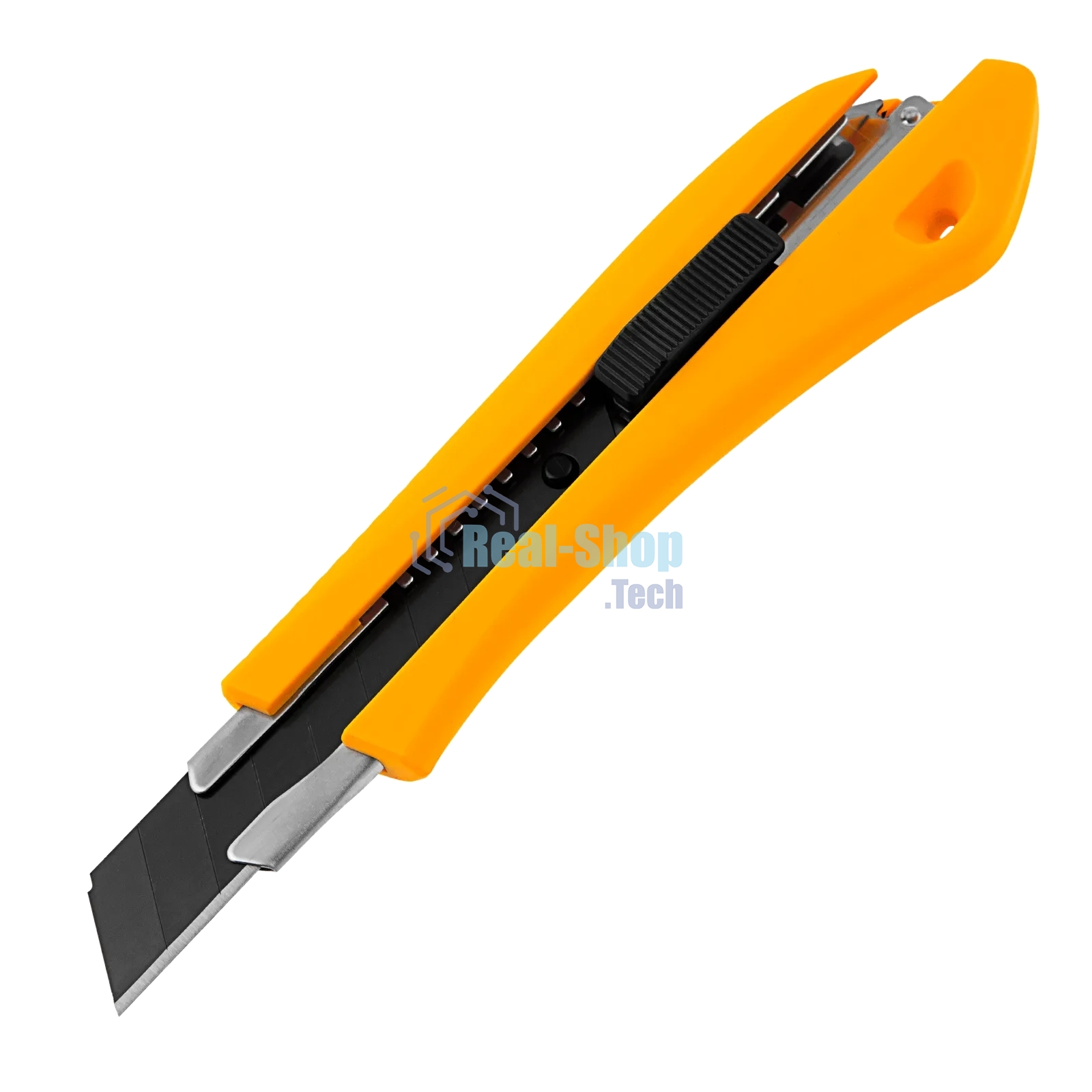 Нож Denzel 18 мм, сменное лезвие, SK4, метал. направляющая, нажимной фиксатор