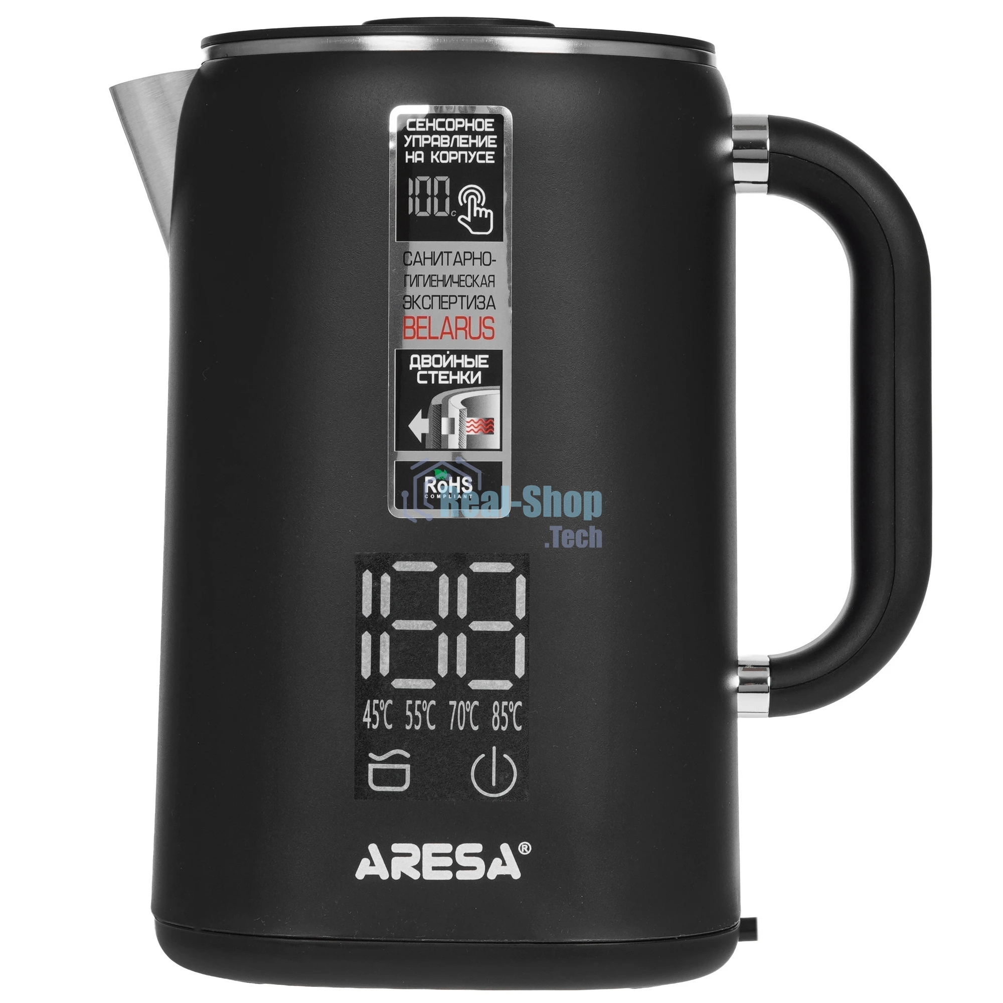 Электрочайник Aresa AR-3482 черный, 1.6 л, 1700 Вт, скрытый нагревательный элемент, поддержание температуры