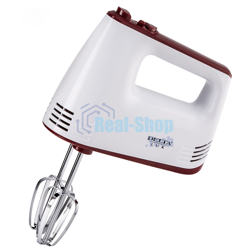 Миксер Delta LUX DE-7700 белый с бордовым : 400 Вт,4 насадки,5 скоростн.режимов,