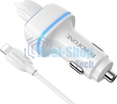 Автомобильное зарядное устройство Borofone Max BZ14, 2xUSB, 2.4А, 12 Вт, кабель Lightning 8-pin, белый (6931474735935)