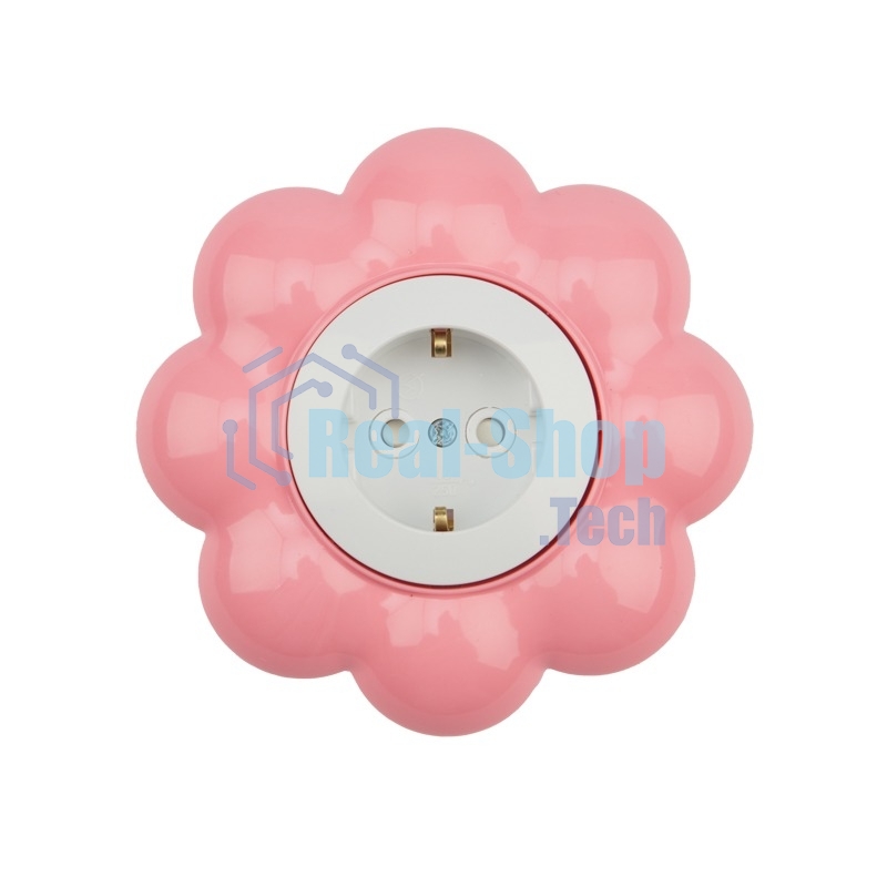Розетка одноместная Kranz HAPPY Цветок скрытой установки, с заземлением и защитными шторками, белая/розовая