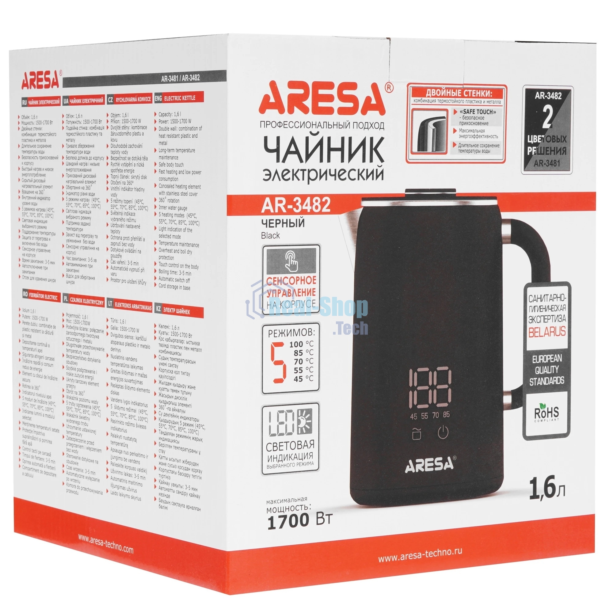 Электрочайник Aresa AR-3482 черный, 1.6 л, 1700 Вт, скрытый нагревательный элемент, поддержание температуры