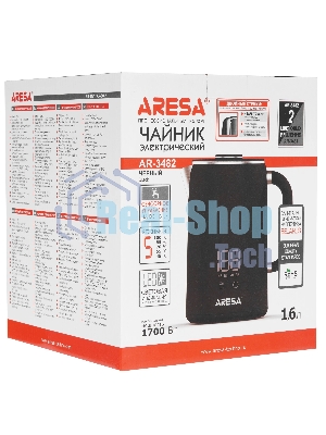 Электрочайник Aresa AR-3482 черный, 1.6 л, 1700 Вт, скрытый нагревательный элемент, поддержание температуры