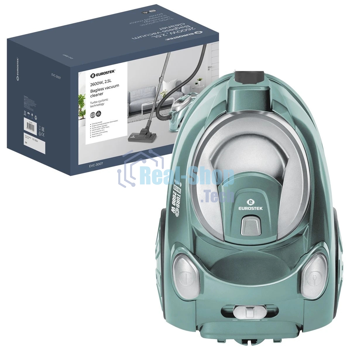 Пылесос Eurostek EVC-3007 изумрудный, 400/2600 Вт, уборка сухая, пылесборник контейнер 2.5 л