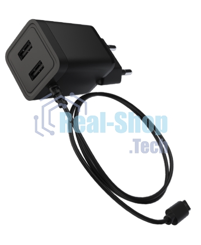 Сетевое зарядное устройство Maxvi A302M 2хUSB 3А 15W + литой кабель MicroUSB 1.2м, черный