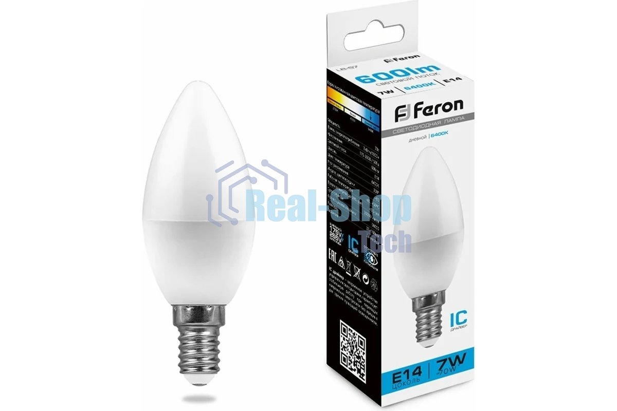 Лампа светодиодная Feron LB-97 7W 230V E14 6400K свеча