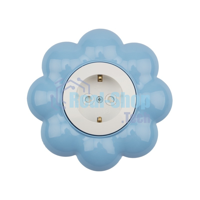 Розетка одноместная Kranz HAPPY Цветок скрытой установки, с заземлением и защитными шторками, белая/голубая