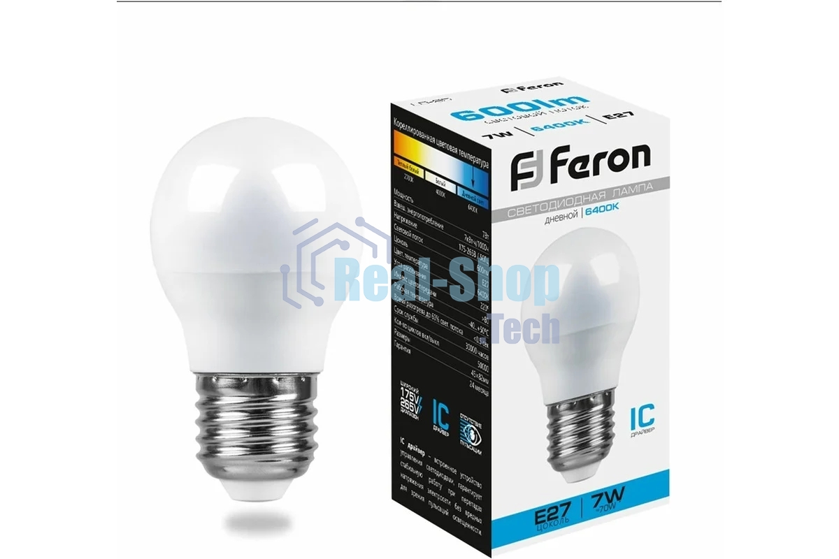Лампа светодиодная Feron LB-95 7W 230V E27 6400K G45