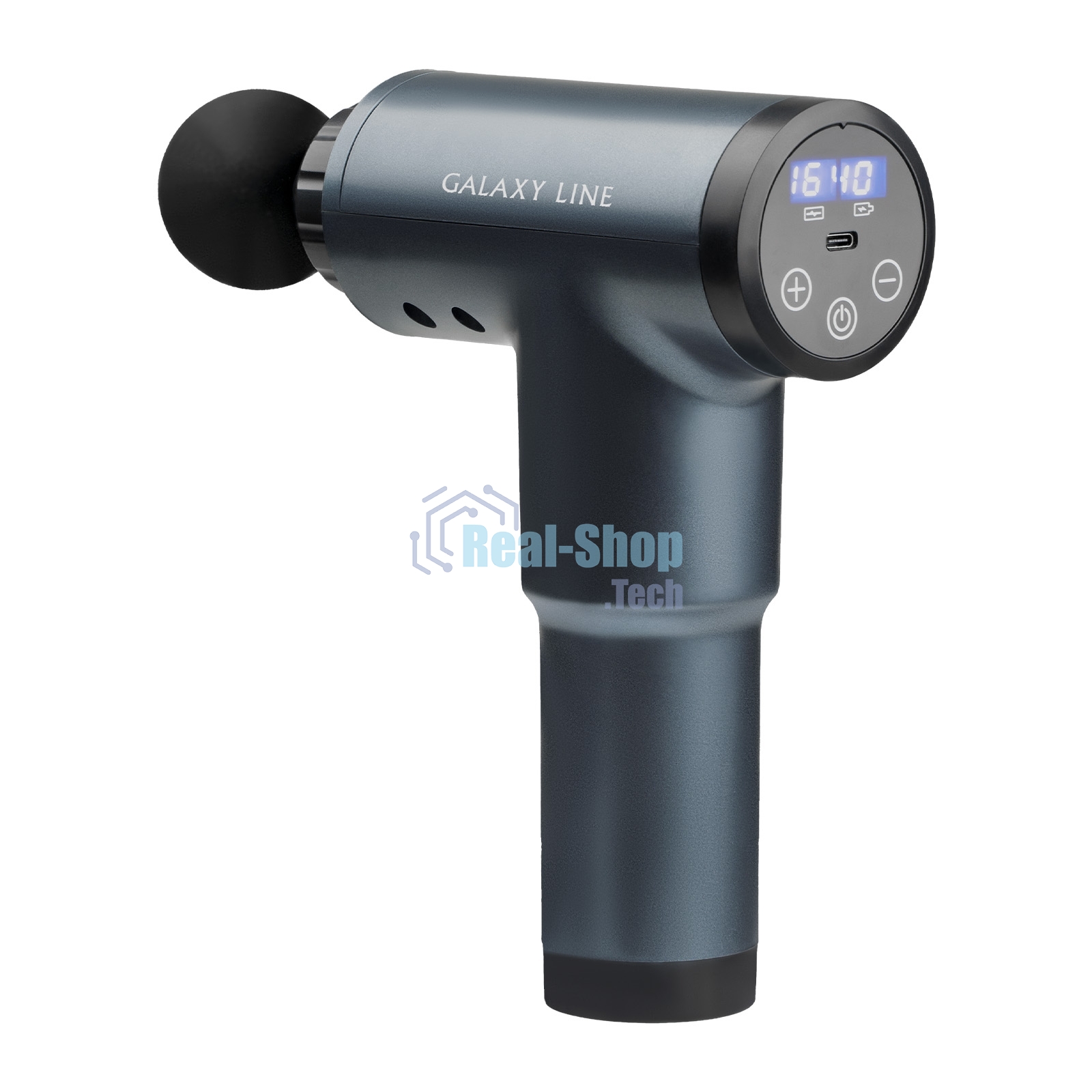 Массажер для тела GALAXY LINE GL 4945, серо-синий, аккумуляторный, 24 Вт, 4 насадки, 99 уровней интенсивности, вр. работы 1,5 ч, 2800~3500 об/мин, LCD-дисплей, таймер 15 мин, сенсорное управление, USB-кабель, Li-Ion аккумулятор емкостью 1500 мА•ч